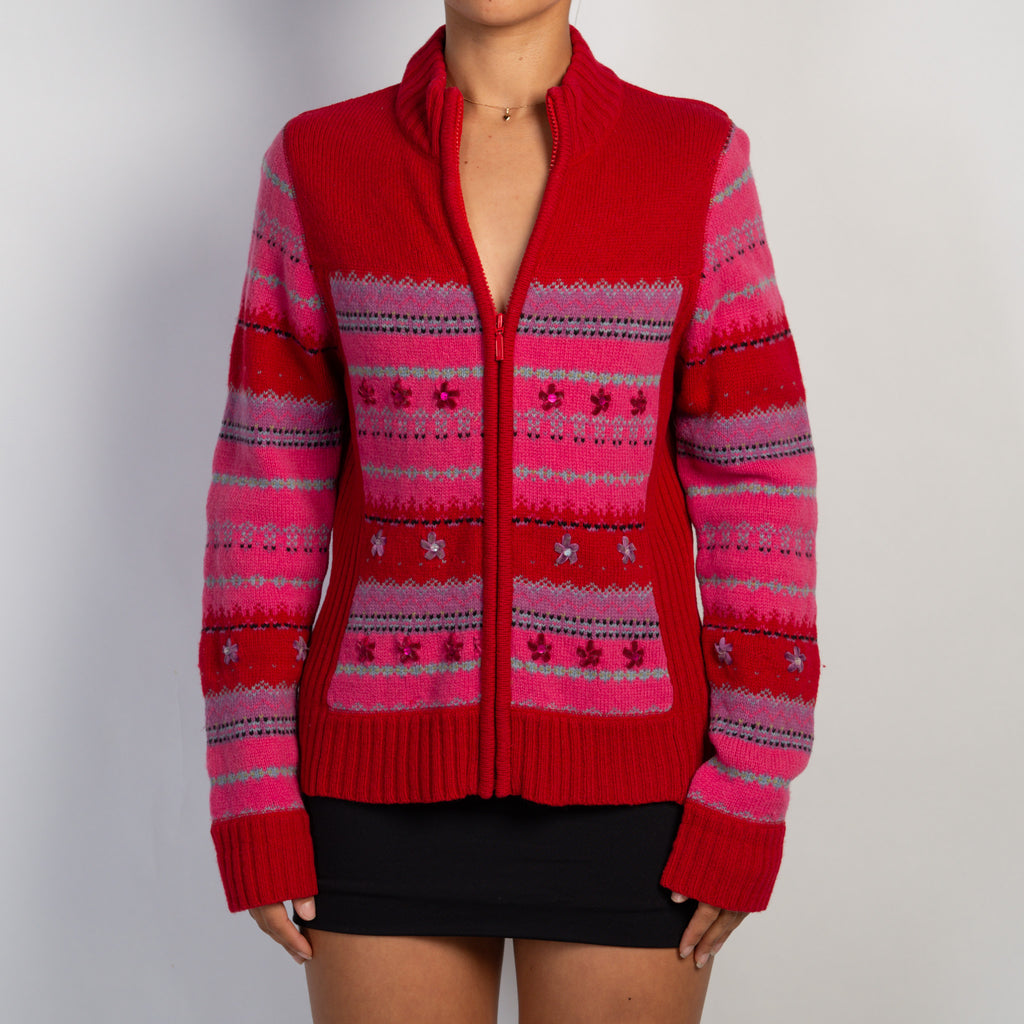 PATTERN KNIT ZIP CARDIGAN