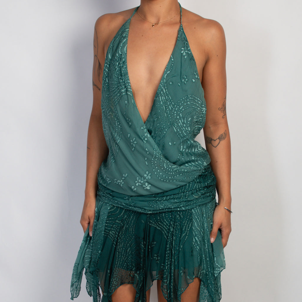 TEAL SILK HALTER DRESS