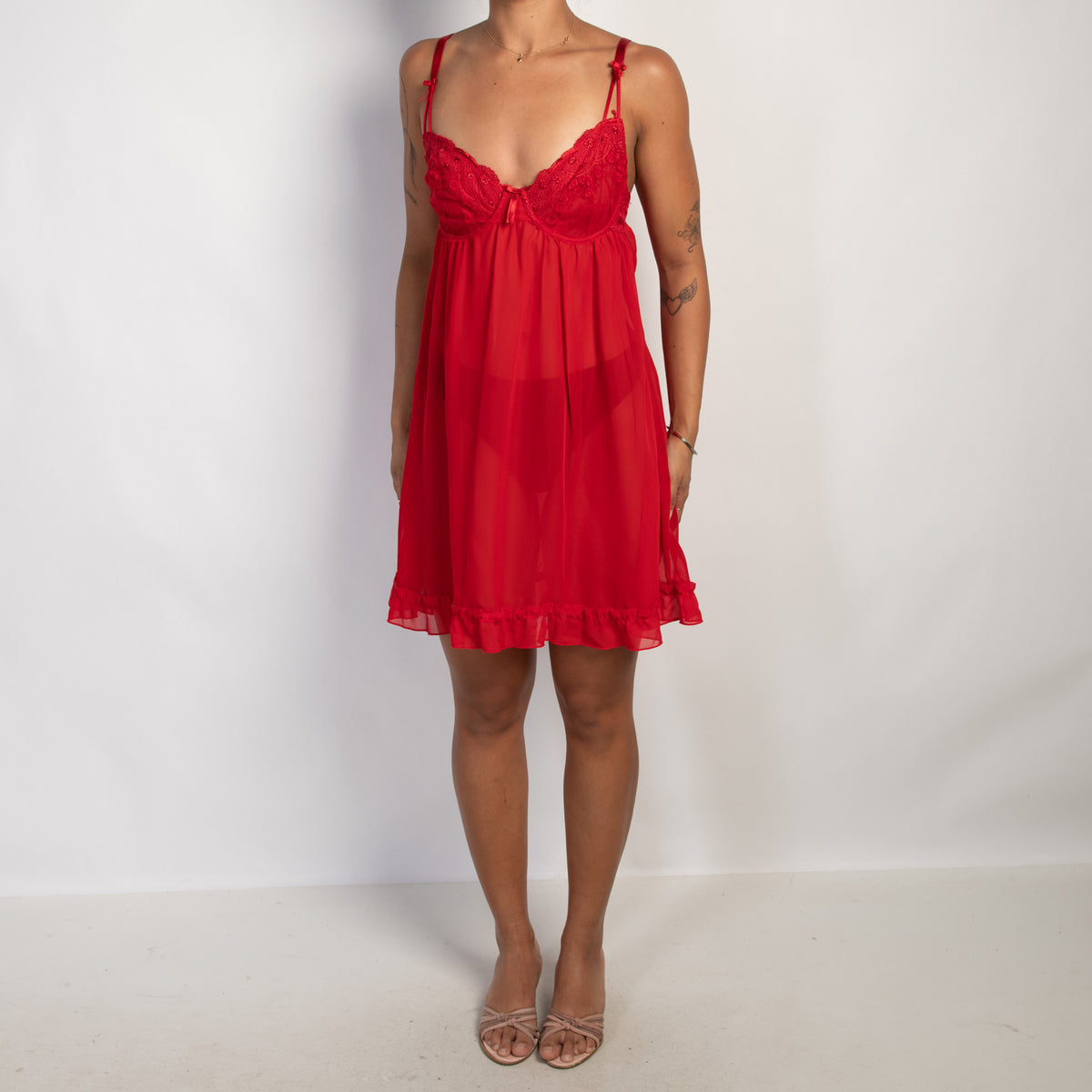 RED MESH BABYDOLL DRESS