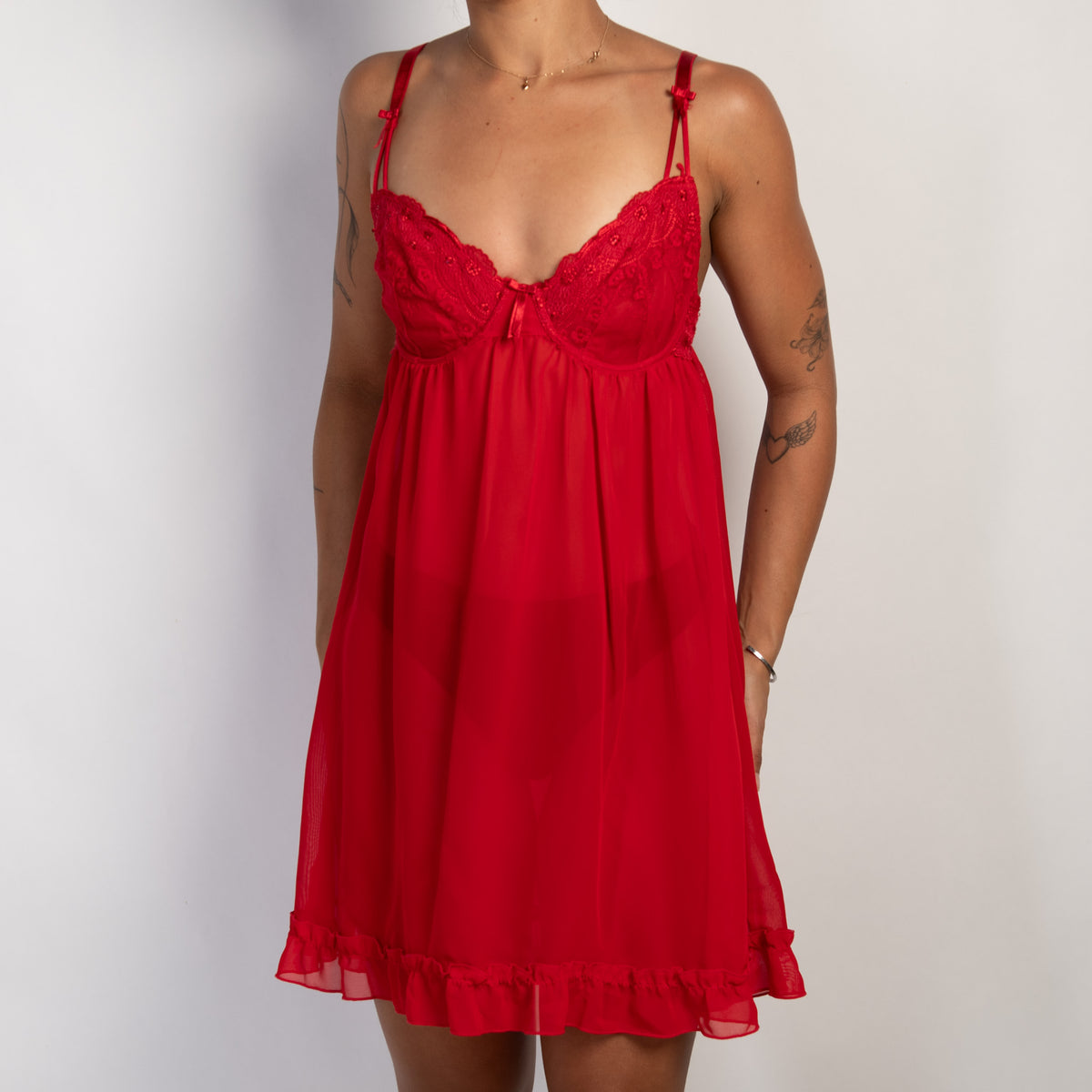 RED MESH BABYDOLL DRESS