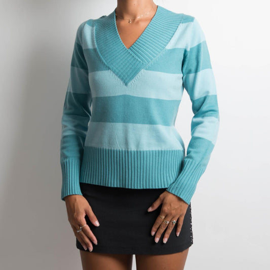 STRIPED TEAL KNIT LONG SLEEVE