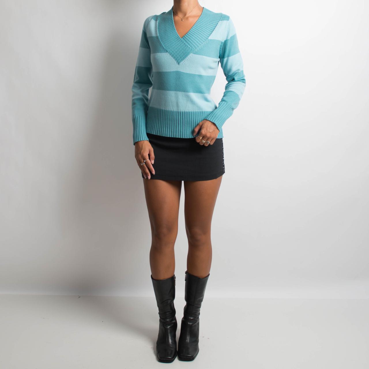 STRIPED TEAL KNIT LONG SLEEVE