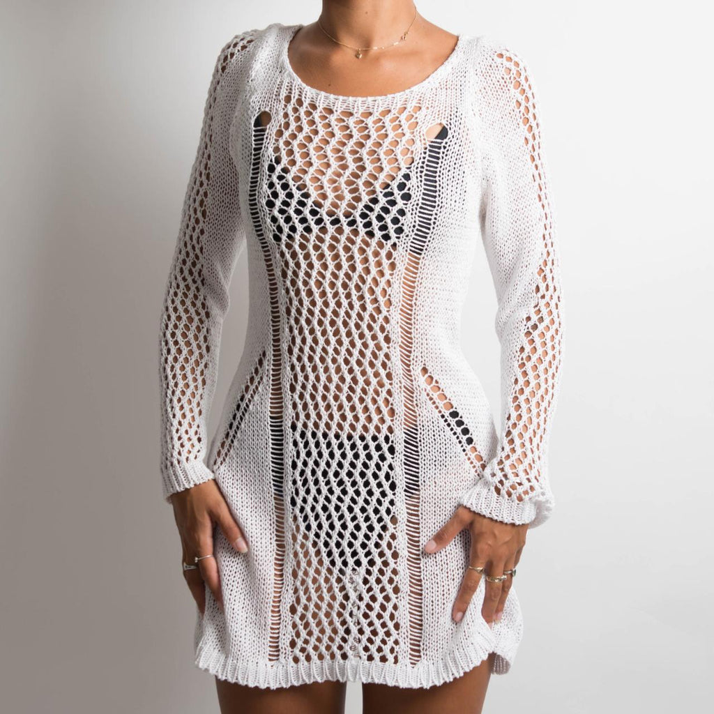 CROCHET LONG SLEEVE MINI DRESS
