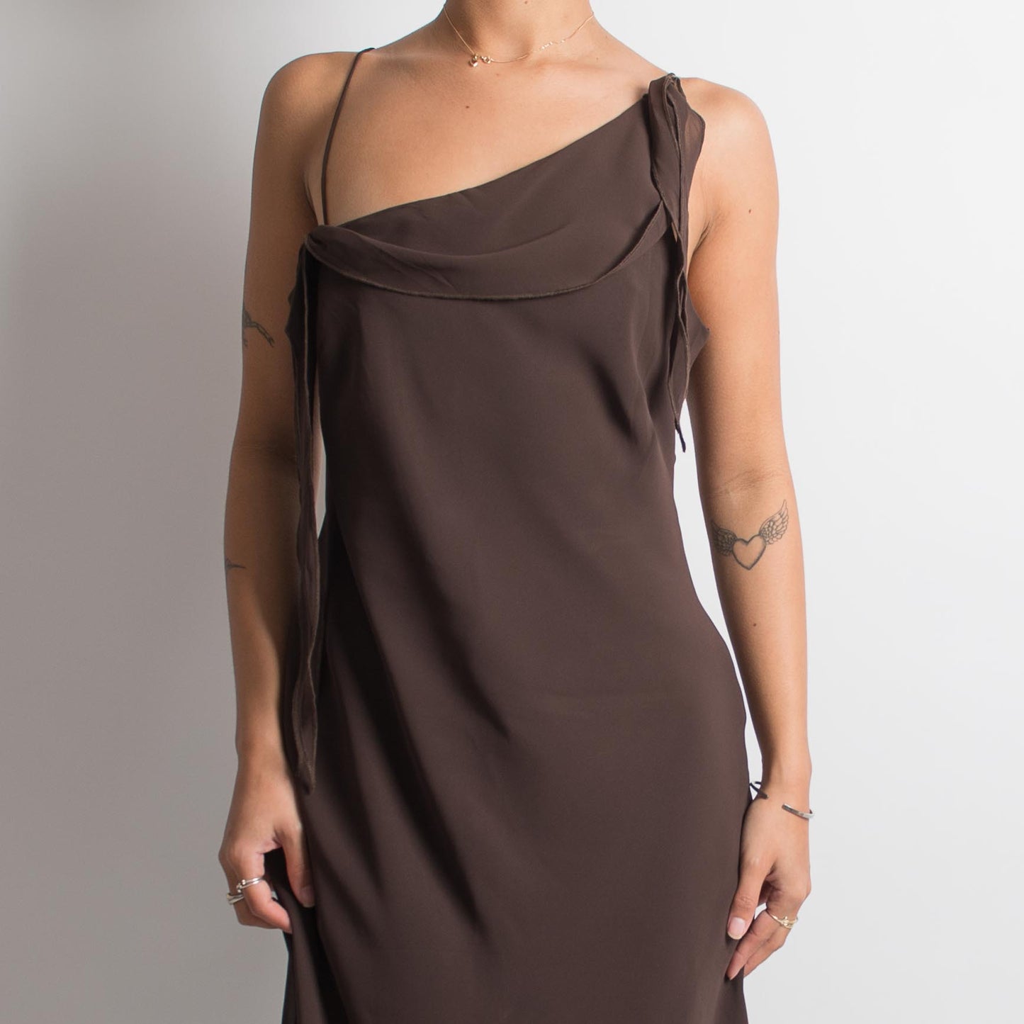 BROWN ASYMMETRIC MIDI DRESS