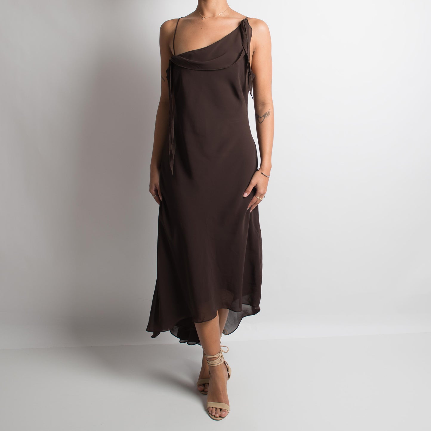 BROWN ASYMMETRIC MIDI DRESS