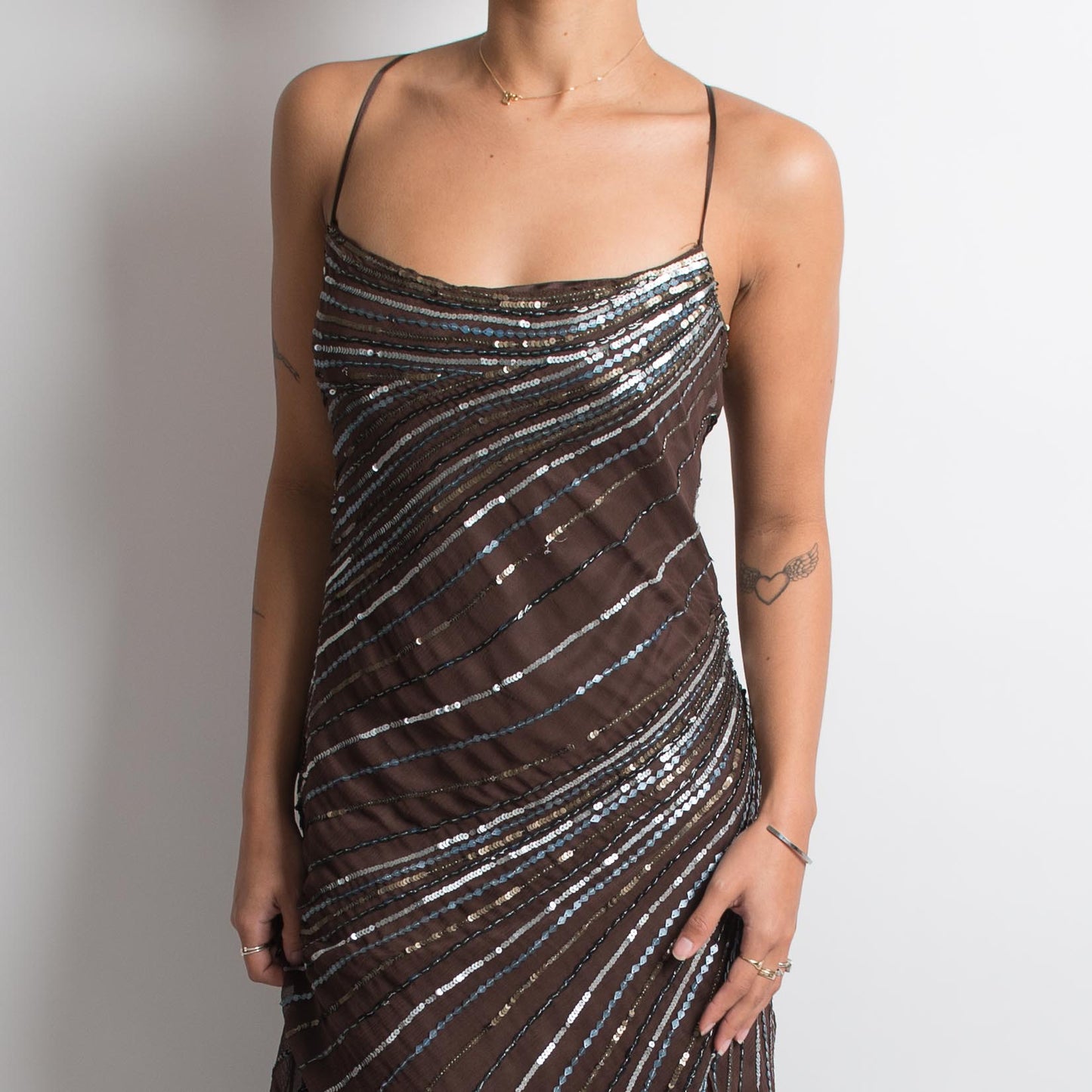 BROWN BACKLESS SILK BEADED GOWN