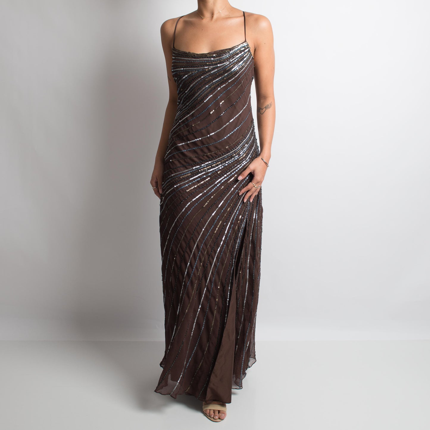 BROWN BACKLESS SILK BEADED GOWN