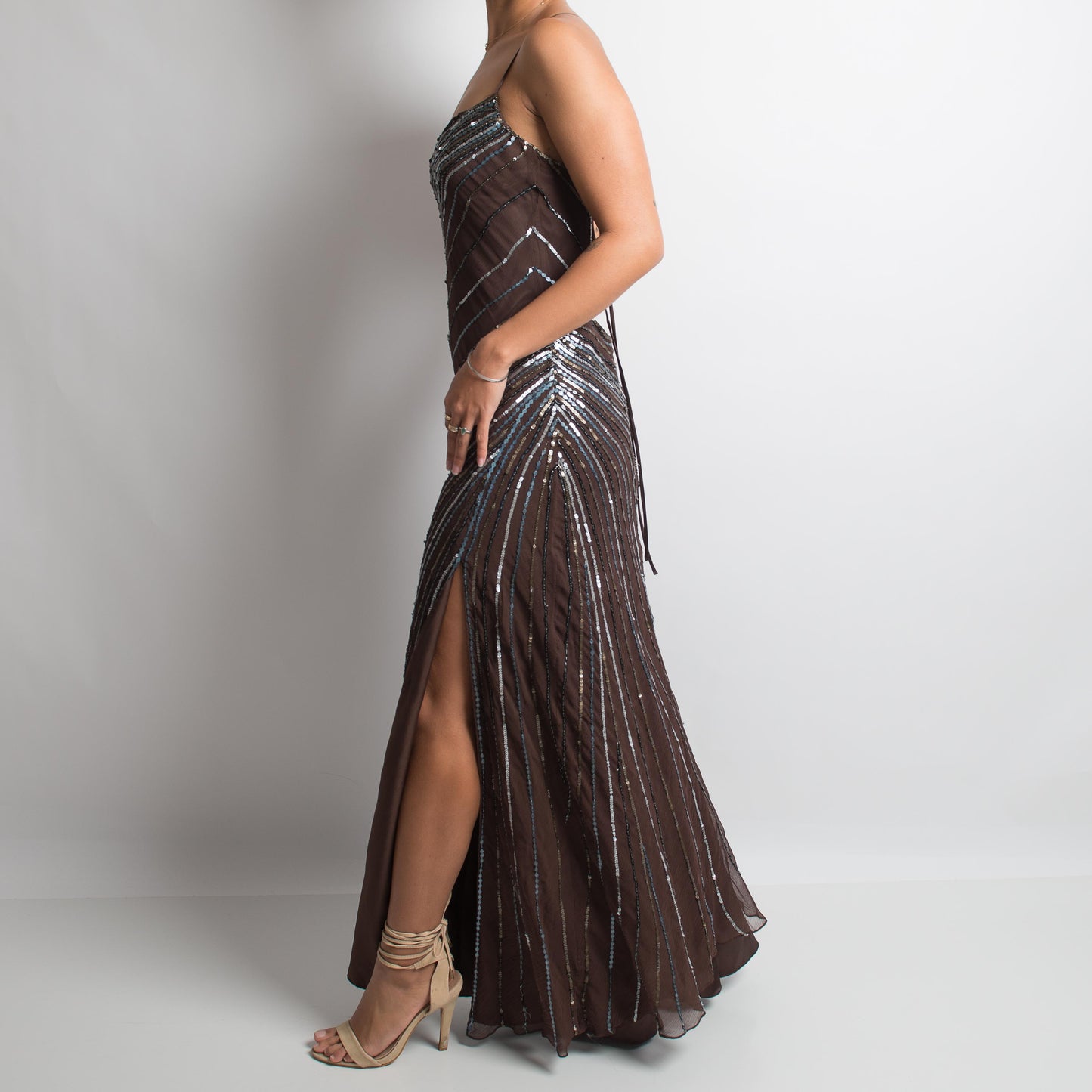 BROWN BACKLESS SILK BEADED GOWN