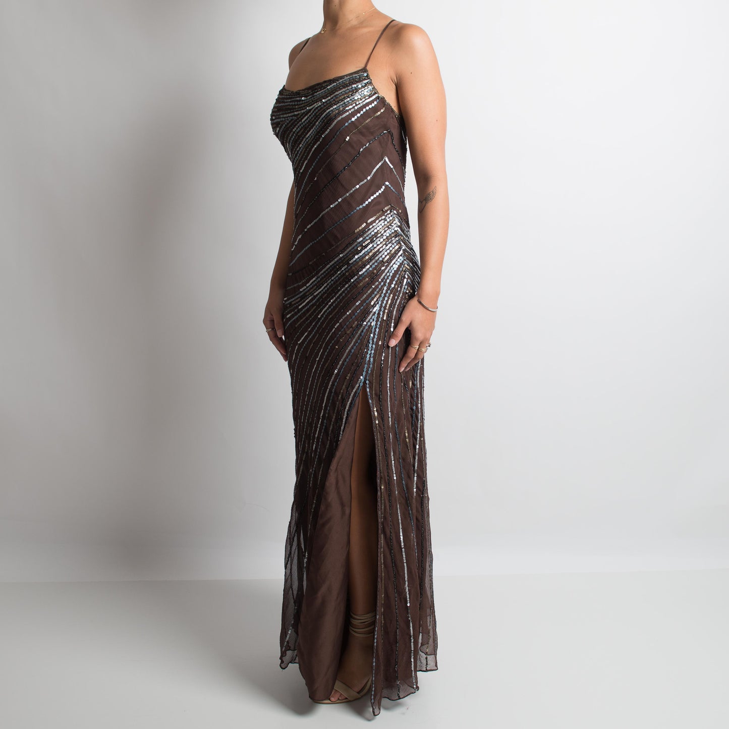 BROWN BACKLESS SILK BEADED GOWN