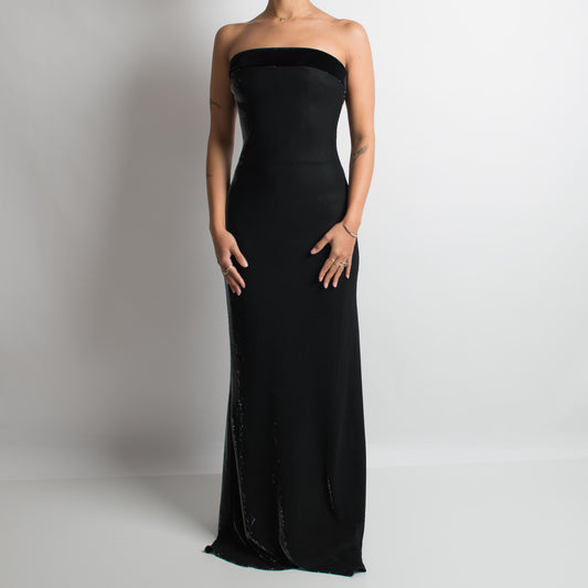 BLACK METALLIC STRAPLESS GOWN