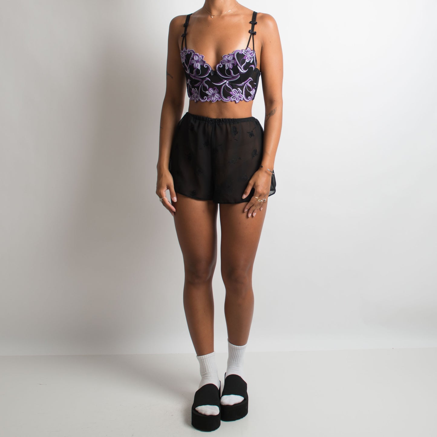 PURPLE FLORAL LONGLINE BRA